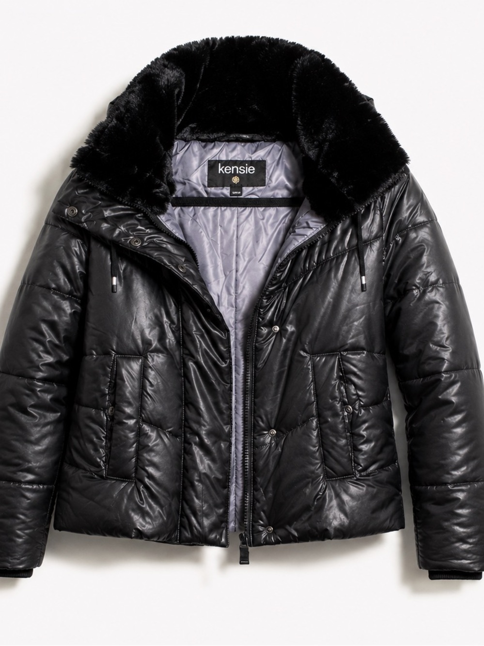 Kensie Shiny Black Puffer Coat with Faux Fur Collar